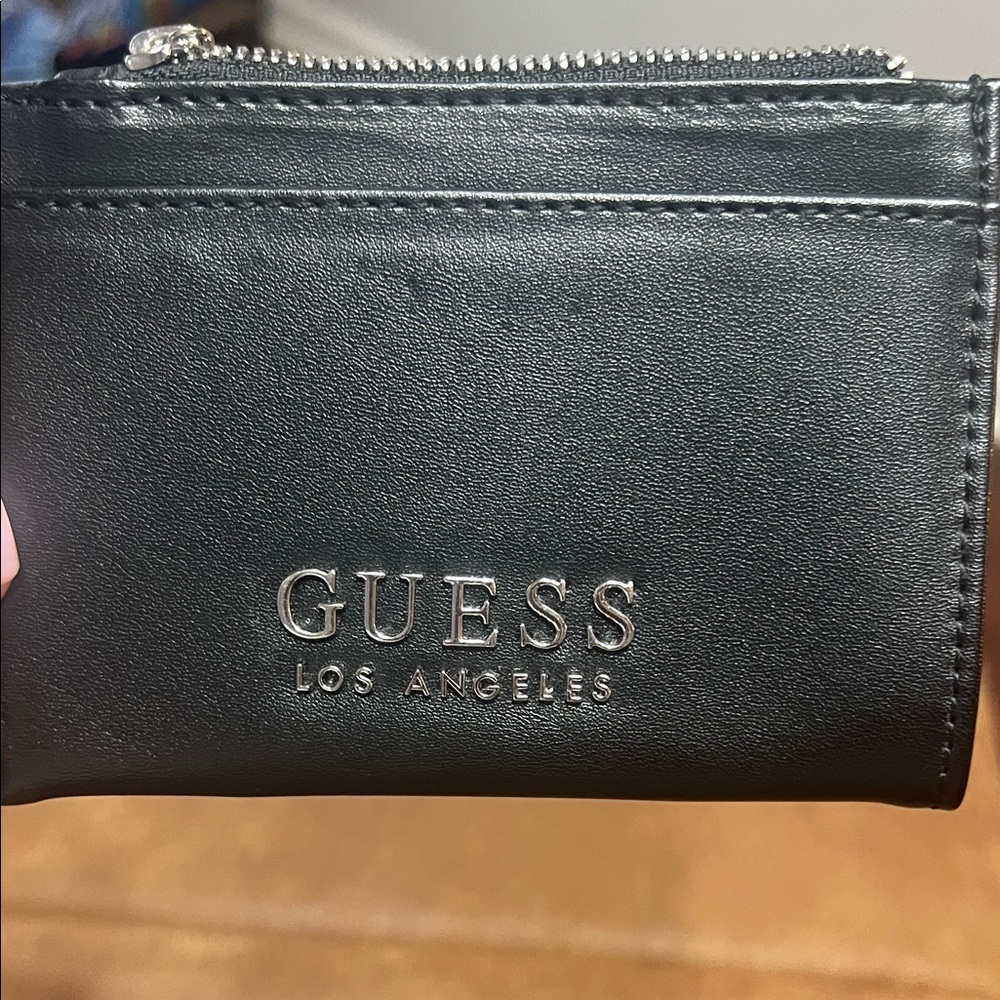 GUESS Black Leather Logo Zip Card Case